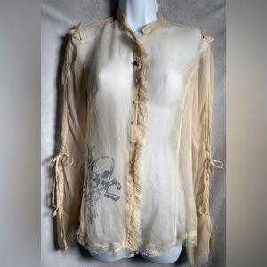 Vintage For Love and Liberty Johnny Was Silk Skull Gothic Button Shirt Top Y2K